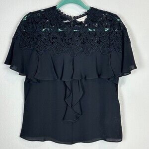 Rebecca Taylor Black Silk Georgette Lace Ruffle Short Sleeve Blouse 4